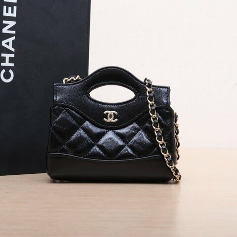 CHANEL 24S31Bag超Mini13黑色羊皮鐳射標金扣菱格紋肩背包
