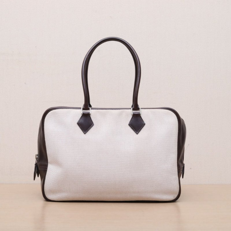 HERMES 46烏木色Box皮帆布框F銀扣烏木色拼plume32尺寸/肩背包-1