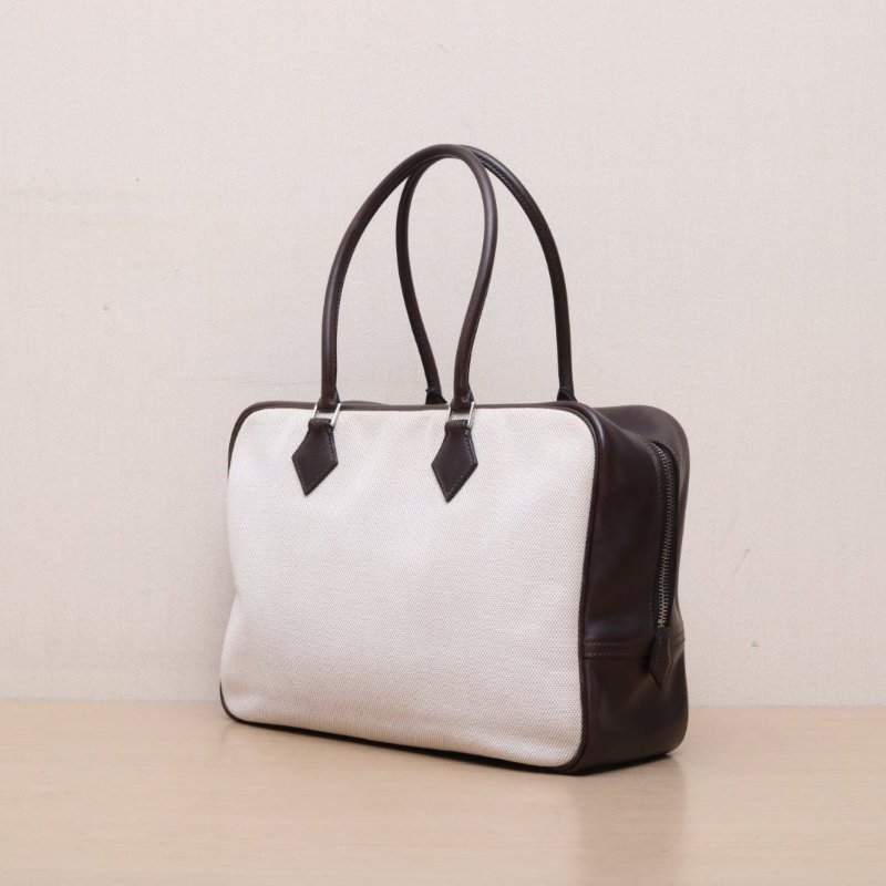 HERMES 46烏木色Box皮帆布框F銀扣烏木色拼plume32尺寸/肩背包-3