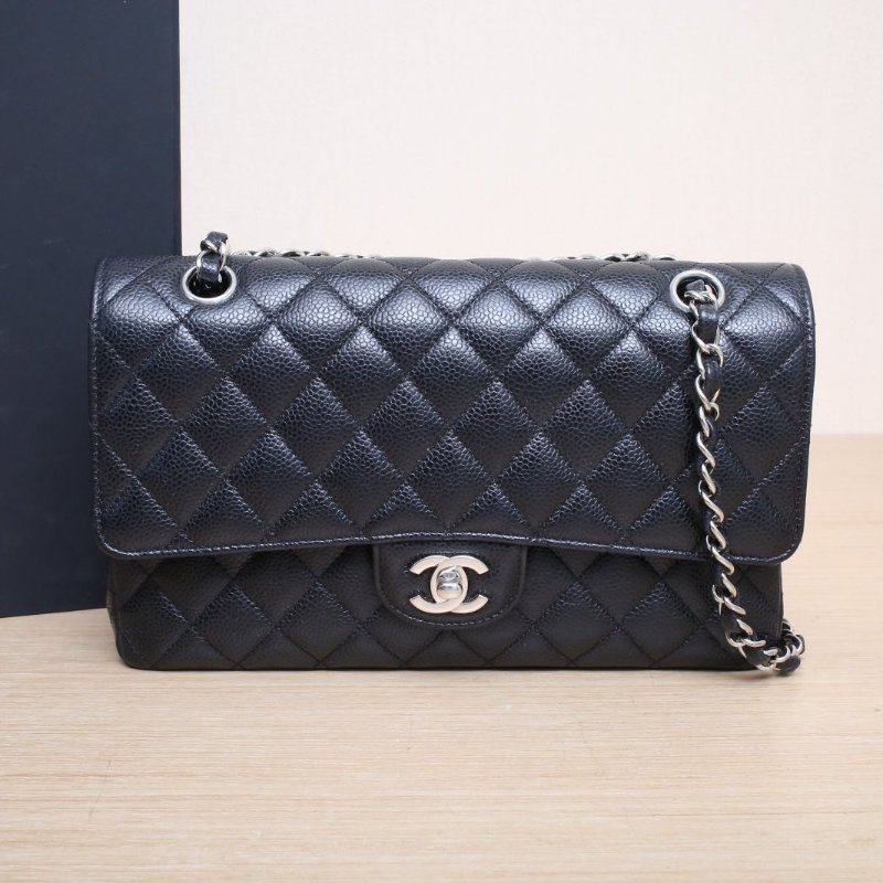 CHANEL CF口蓋包中號25.5黑色荔枝牛皮29開銀扣肩背包-0