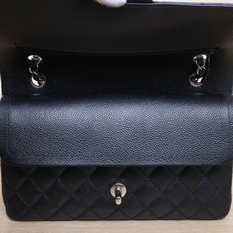 CHANEL CF口蓋包中號25.5黑色荔枝牛皮29開銀扣肩背包-2