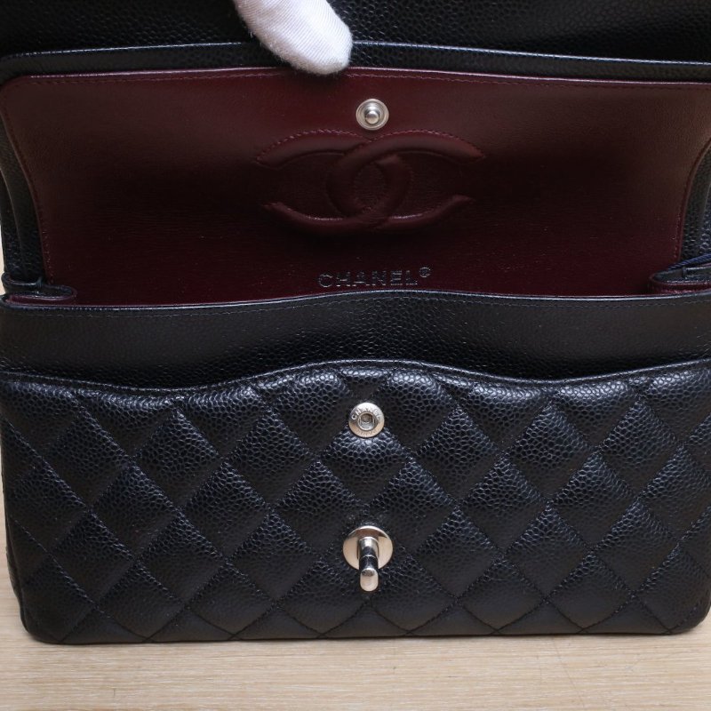 CHANEL CF口蓋包中號25.5黑色荔枝牛皮29開銀扣肩背包-3