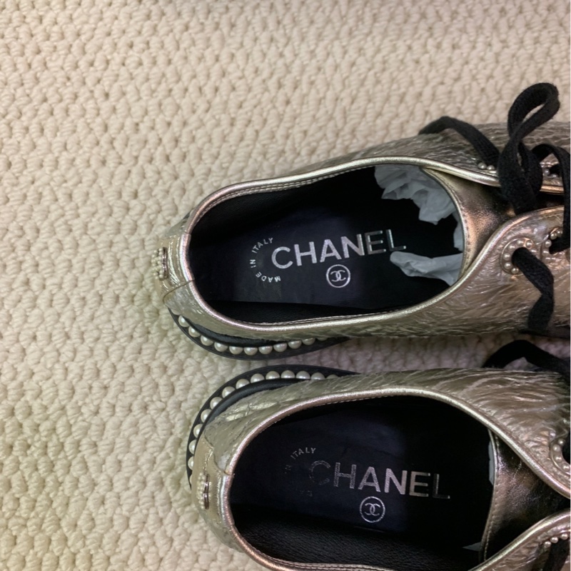 98新 37碼 Chanel 香奈兒珍珠銀色平底鞋-2