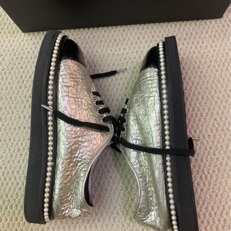 98新 37碼 Chanel 香奈兒珍珠銀色平底鞋-4