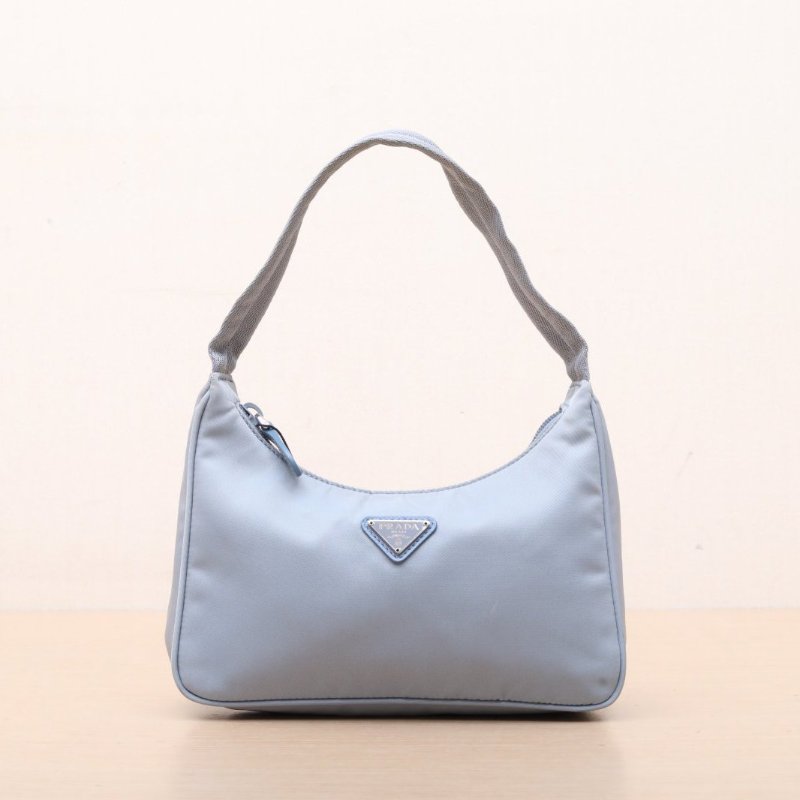 PRADA Hobo腋下包淺藍色尼龍銀扣肩背包-1