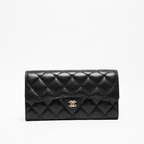 CHANEL  經典金色雙C LOGO菱格粒紋牛皮暗釦長夾