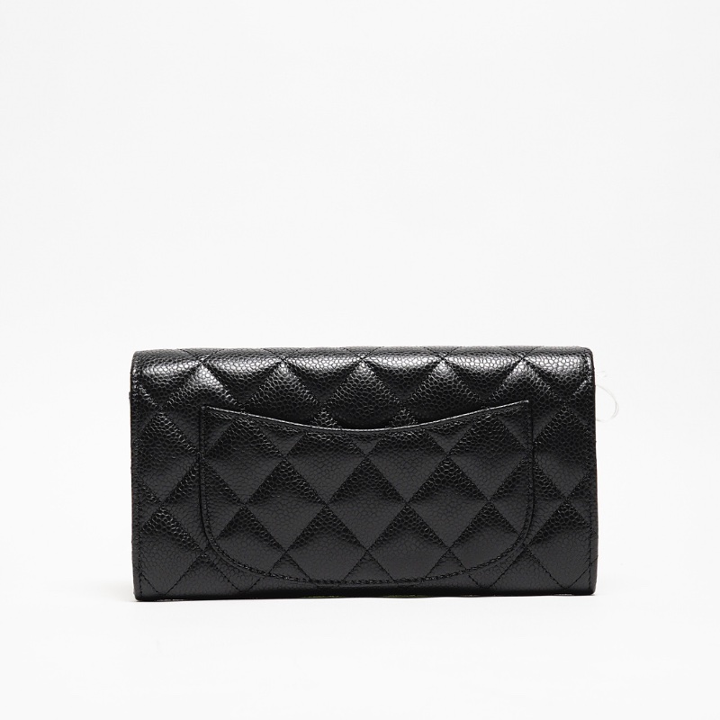 CHANEL 經典金色雙C LOGO菱格粒紋牛皮暗釦長夾-1