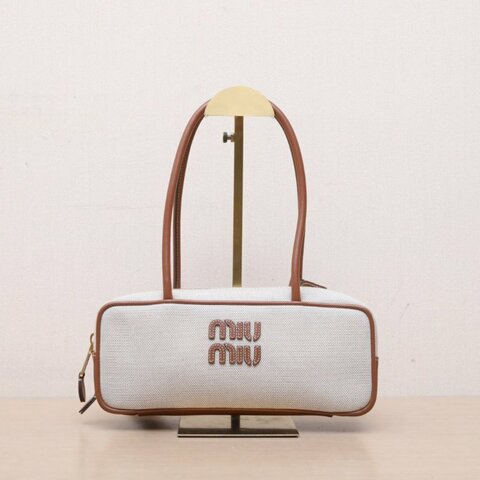 MIU MIU 棕色牛皮帆布徽標手提公事包保齡球包28/肩背包