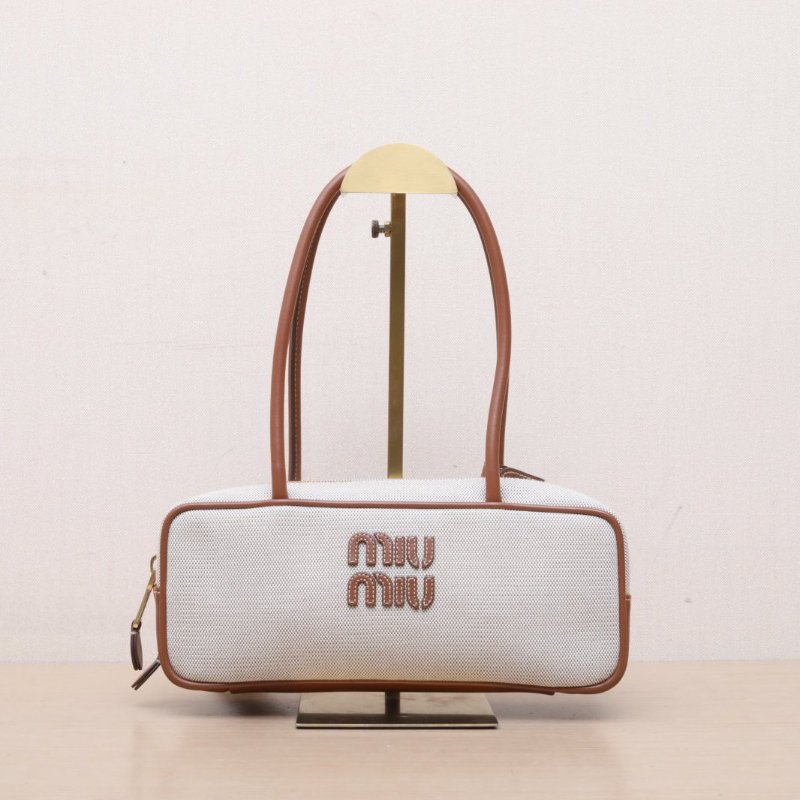 MIU MIU 棕色牛皮帆布徽標手提公事包保齡球包28/肩背包-0