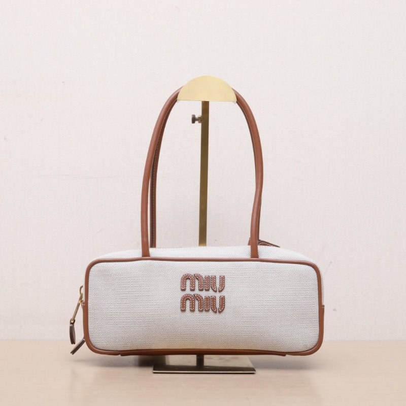 MIU MIU 棕色牛皮帆布徽標手提公事包保齡球包28/肩背包-1