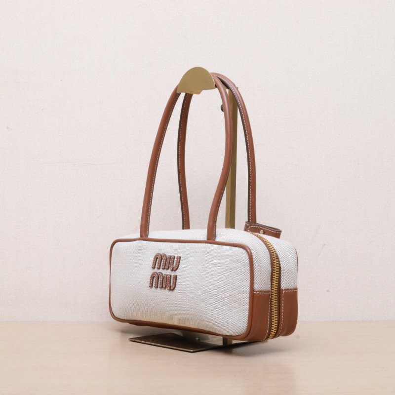 MIU MIU 棕色牛皮帆布徽標手提公事包保齡球包28/肩背包-3