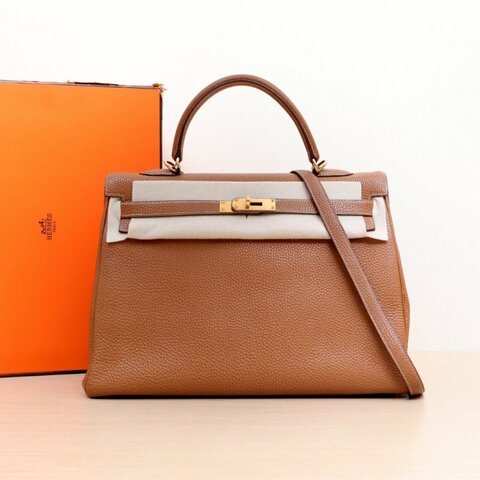 HERMES Kelly3537金棕色Togo皮框N金扣肩背包