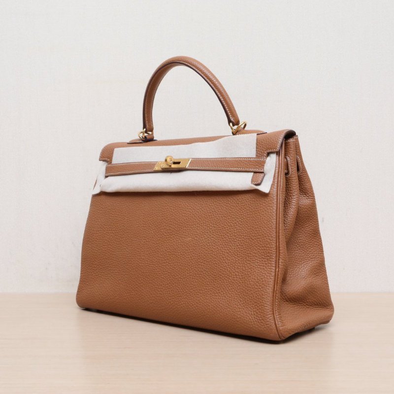 HERMES Kelly3537金棕色Togo皮框N金扣肩背包-4