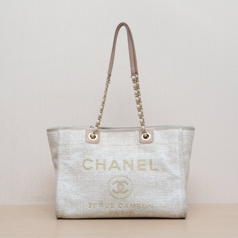 CHANEL 沙灘包大號無手柄款米白色粗花呢25開金扣肩背包-1