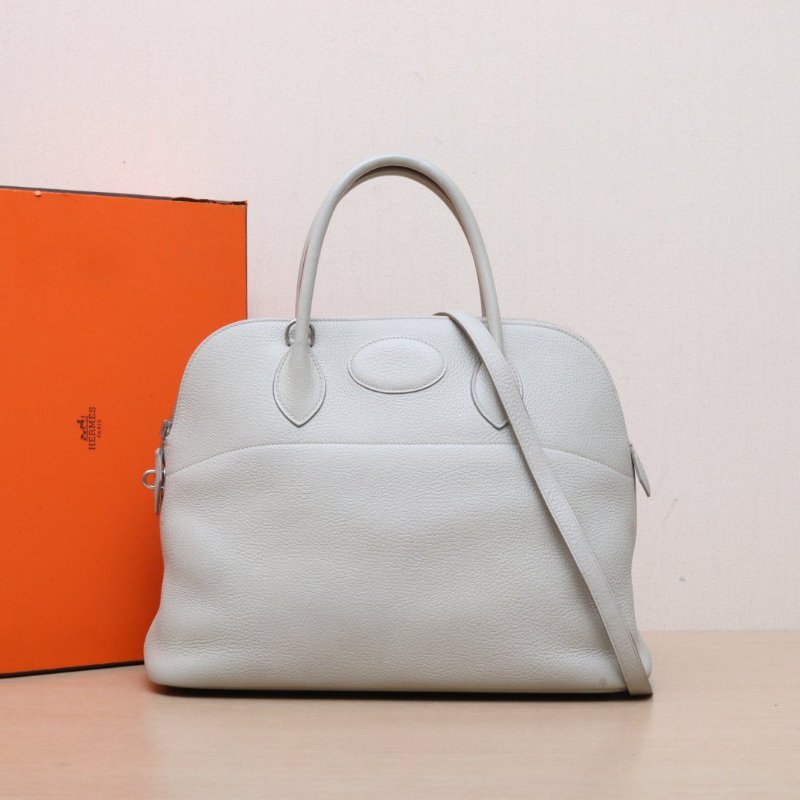 HERMES Bolide保齡球包3580珍珠灰馬鞍皮框P銀扣肩背包-0