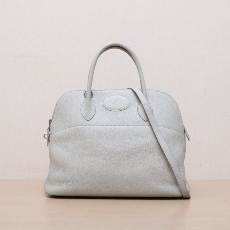 HERMES Bolide保齡球包3580珍珠灰馬鞍皮框P銀扣肩背包-1