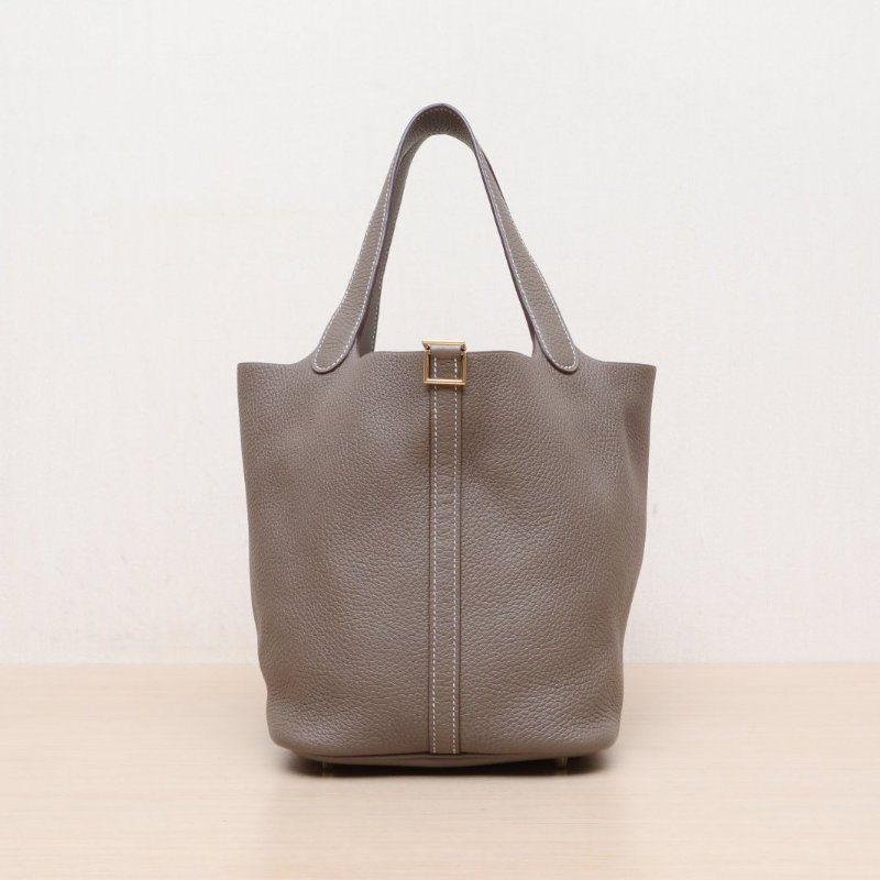 HERMES Picotin22菜籃子18大象灰TC皮Z刻金扣肩背包-1