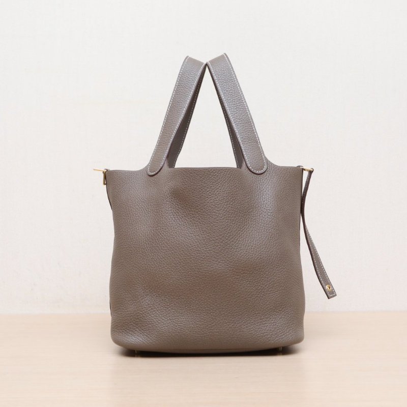 HERMES Picotin22菜籃子18大象灰TC皮Z刻金扣肩背包-4