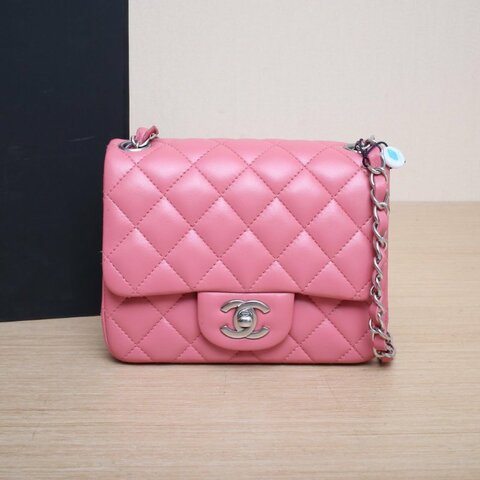 CHANEL CF口蓋包方胖子17粉色羊皮晶片開銀扣肩背包