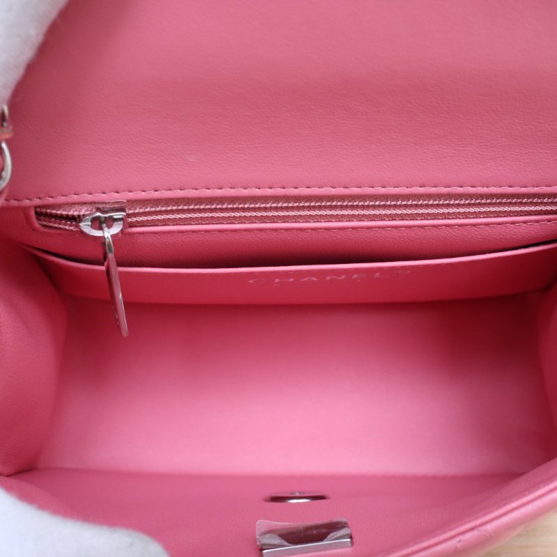 CHANEL CF口蓋包方胖子17粉色羊皮晶片開銀扣肩背包-3