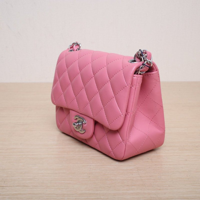 CHANEL CF口蓋包方胖子17粉色羊皮晶片開銀扣肩背包-4