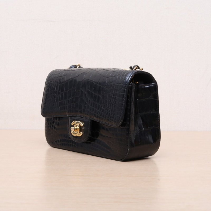 CHANEL CF口蓋包大Mini20黑色鱷魚皮26開金扣肩背包-4