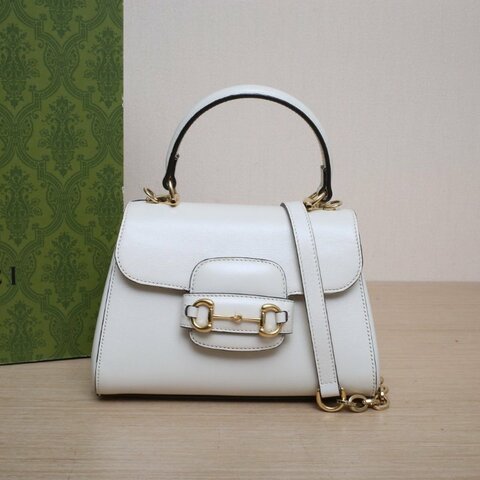 GUCCI 白色牛皮金扣Horsebit馬銜扣1955全皮手提包肩背包