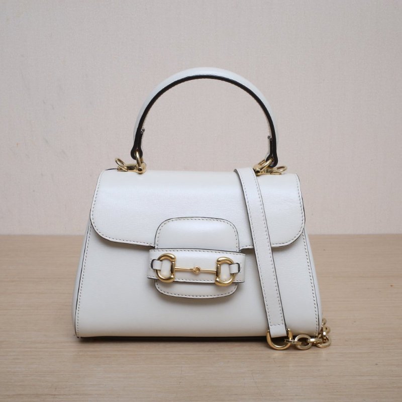 GUCCI 白色牛皮金扣Horsebit馬銜扣1955全皮手提包肩背包-1
