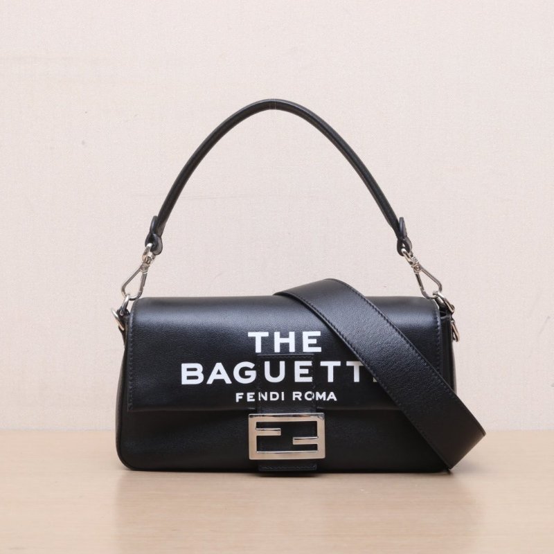 FENDI 黑色牛皮銀扣fendixMJ聯名Baguette字母法棍包肩背包-1