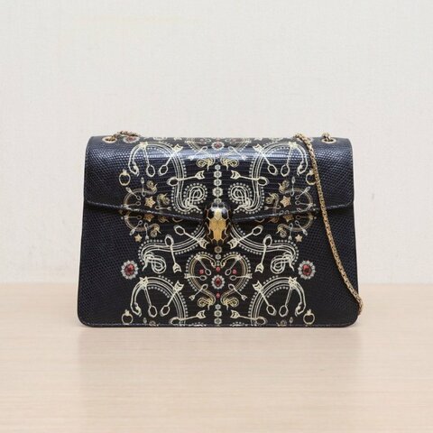 BVLGARI 黑色蜥蜴皮金扣限定款蛇頭包中號肩背包