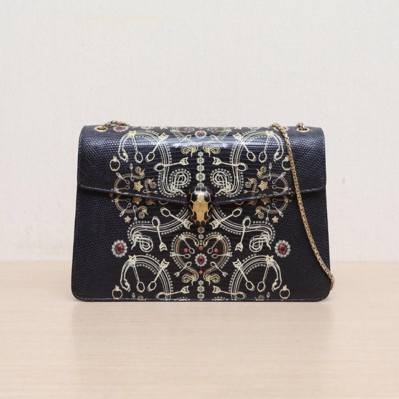 BVLGARI 黑色蜥蜴皮金扣限定款蛇頭包中號肩背包-0