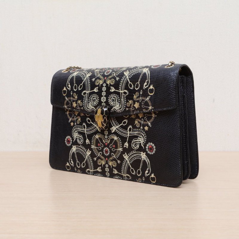 BVLGARI 黑色蜥蜴皮金扣限定款蛇頭包中號肩背包-3