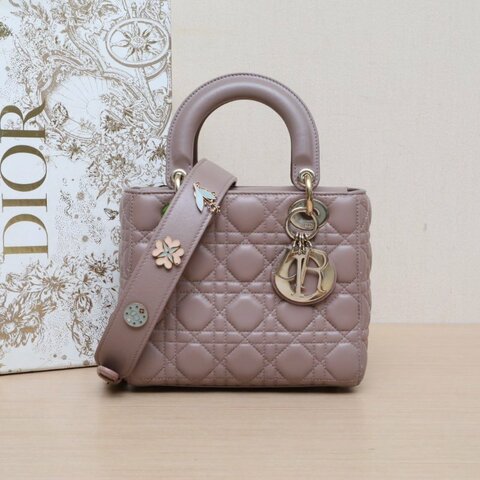 DIOR Lady戴妃包四格徽章肩帶粉色羊皮金扣2017粉棕色肩背包