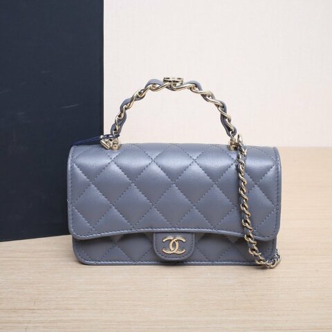 CHANEL 灰色羊皮鐳射標淺金扣23KCF手提WOINI肩背包