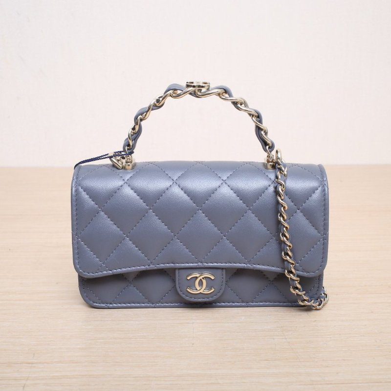 CHANEL 灰色羊皮鐳射標淺金扣23KCF手提WOINI肩背包-1