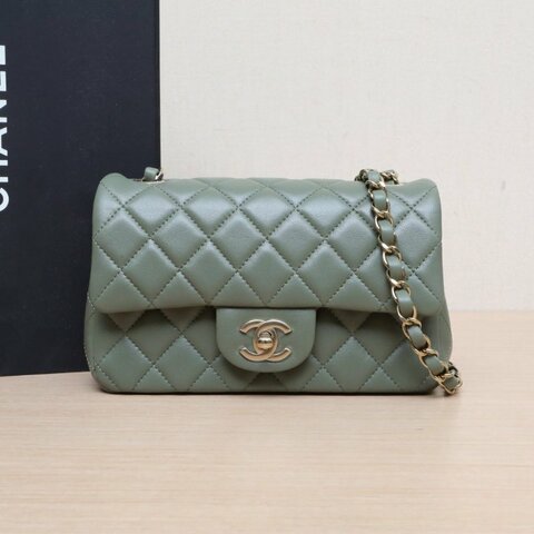 CHANEL CF口蓋包大Mini20綠色羊皮晶片開金扣肩背包