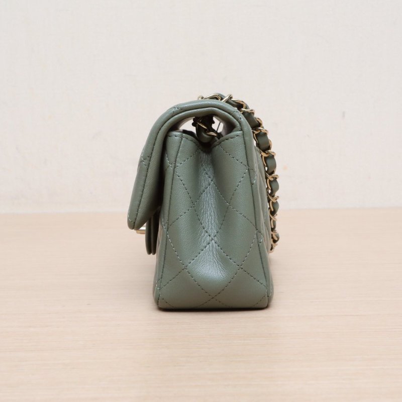 CHANEL CF口蓋包大Mini20綠色羊皮晶片開金扣肩背包-4