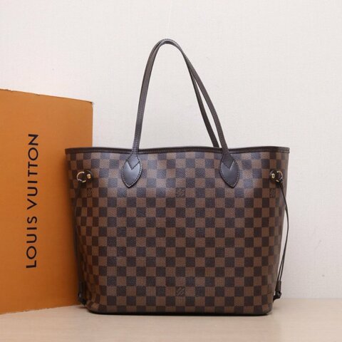 LOUIS VUITTON Neverfull中號31配子袋棕色棋盤格PVC金扣肩背包