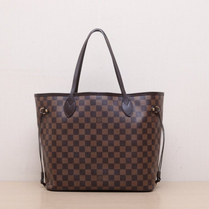 LOUIS VUITTON Neverfull中號31配子袋棕色棋盤格PVC金扣肩背包-1