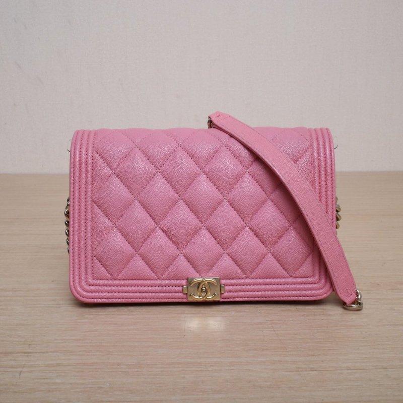 CHANEL LeboyWOC19粉色荔枝牛皮30開金扣肩背包-1