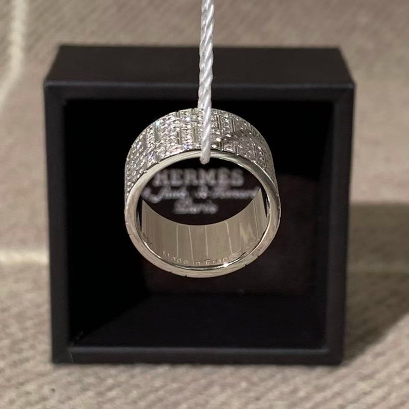 HERMES Collier Kilim系列白金滿鑽寬版戒指56號,鑽石鑲嵌-5