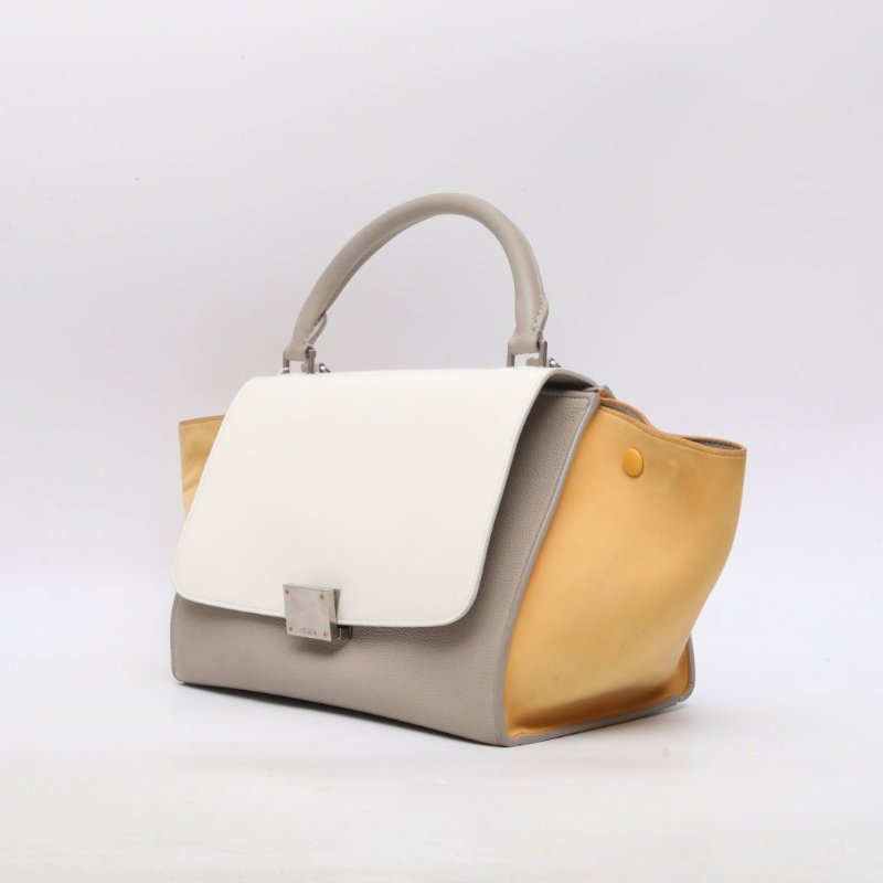 CELINE 拼色牛皮漆皮CELINE瑟琳秋千包中號白灰黃三色/肩背包-2