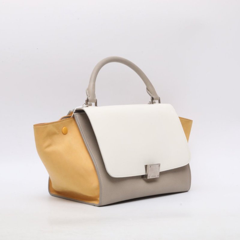 CELINE 拼色牛皮漆皮CELINE瑟琳秋千包中號白灰黃三色/肩背包-3