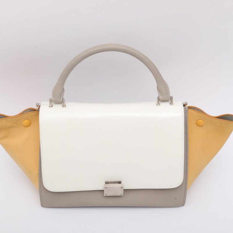 CELINE 拼色牛皮漆皮CELINE瑟琳秋千包中號白灰黃三色/肩背包-4