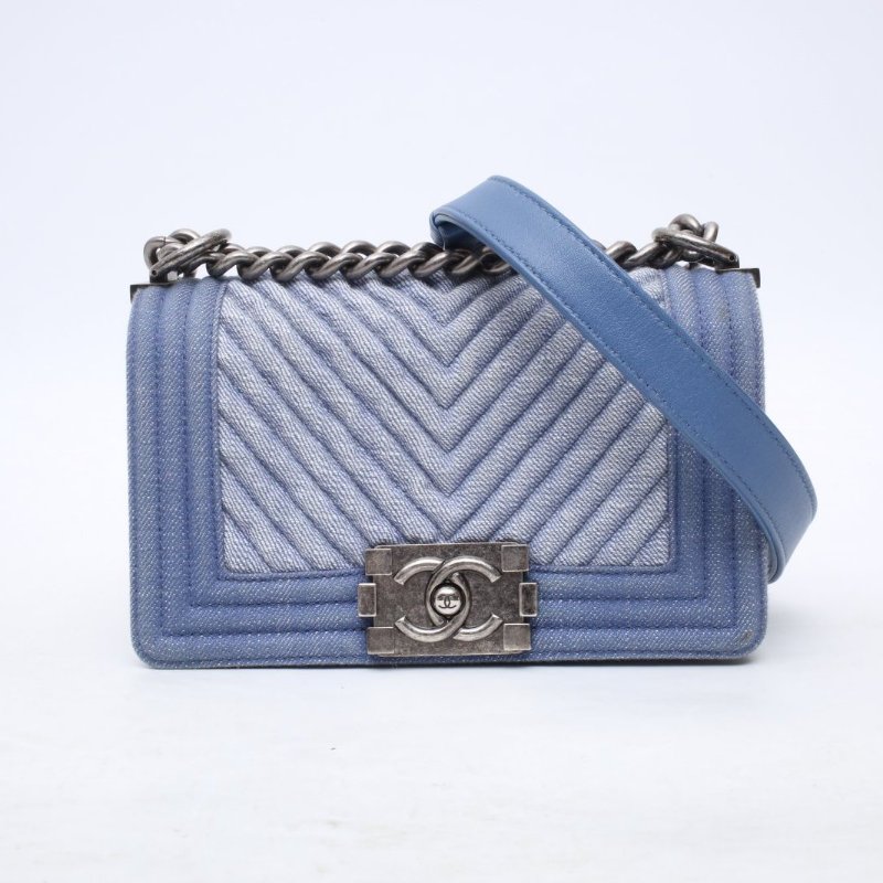 CHANEL 牛仔藍牛仔20開銀扣Leboy丹寧藍肩背包-1