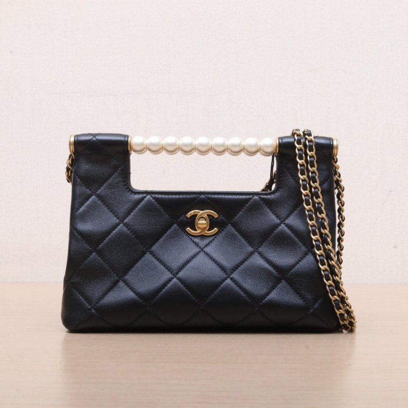 CHANEL 黑色羊皮晶片開金扣25P珍珠手提菱格紋單肩包肩背包-1