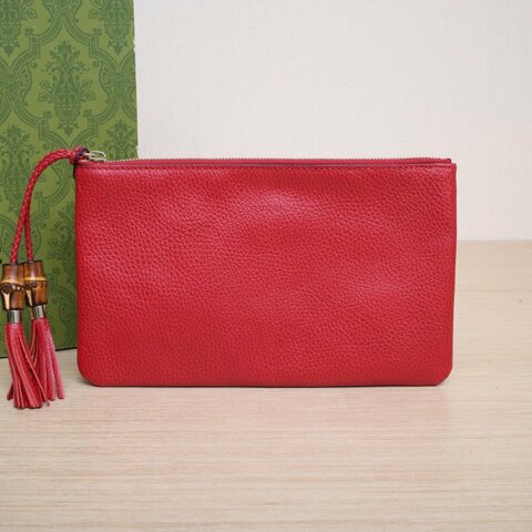 GUCCI 紅色牛皮竹節流蘇手拿包肩背包