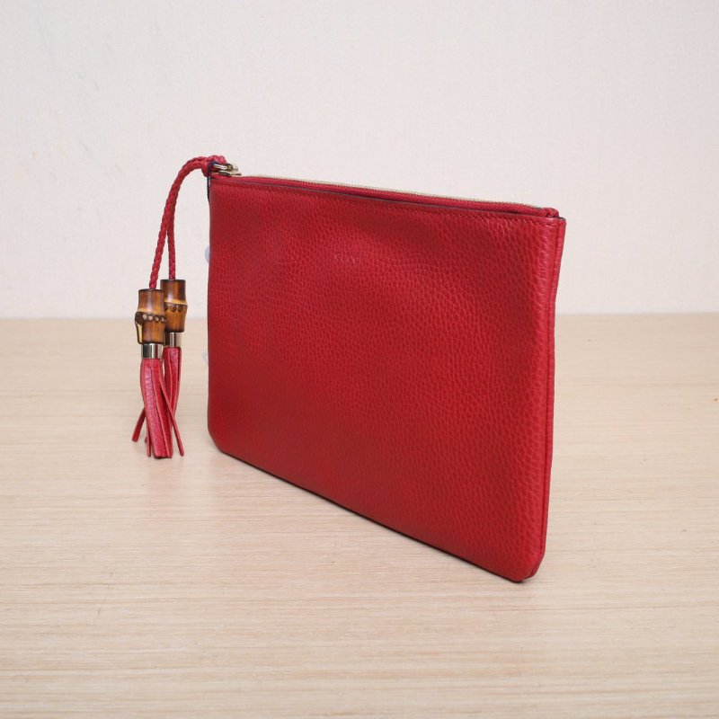 GUCCI 紅色牛皮竹節流蘇手拿包肩背包-2