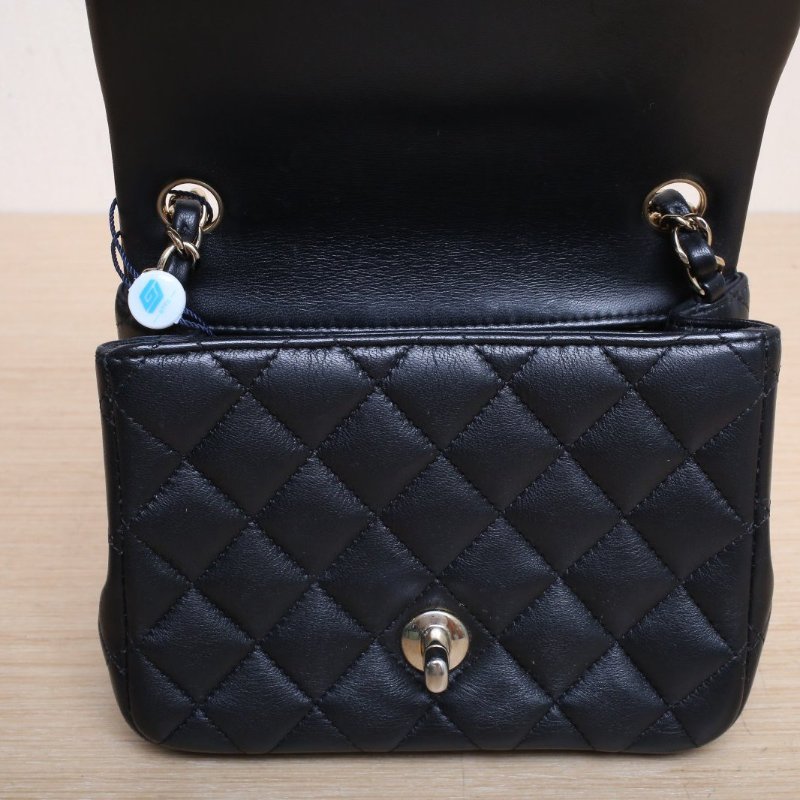 CHANEL CF口蓋包方胖子17黑色羊皮30開淺金扣肩背包-2