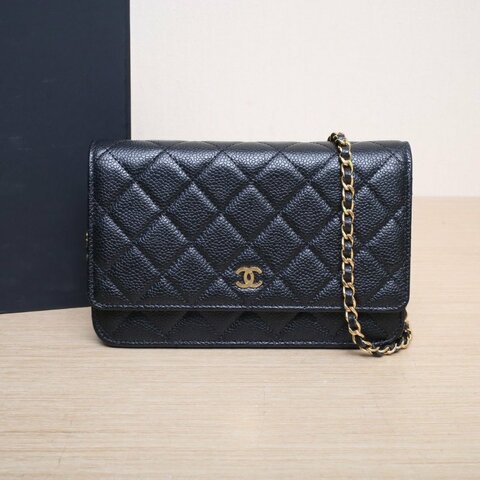 CHANEL CFWOC19晶片開黑色荔枝牛皮金扣肩背包